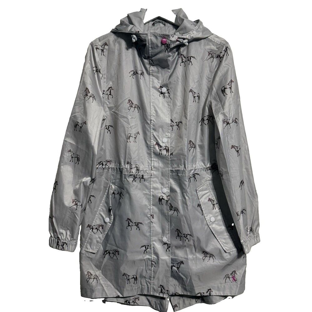 JOULES Right As Rain Waterproof Rain Jacket Women 6 Gray Equestrian Horse Print